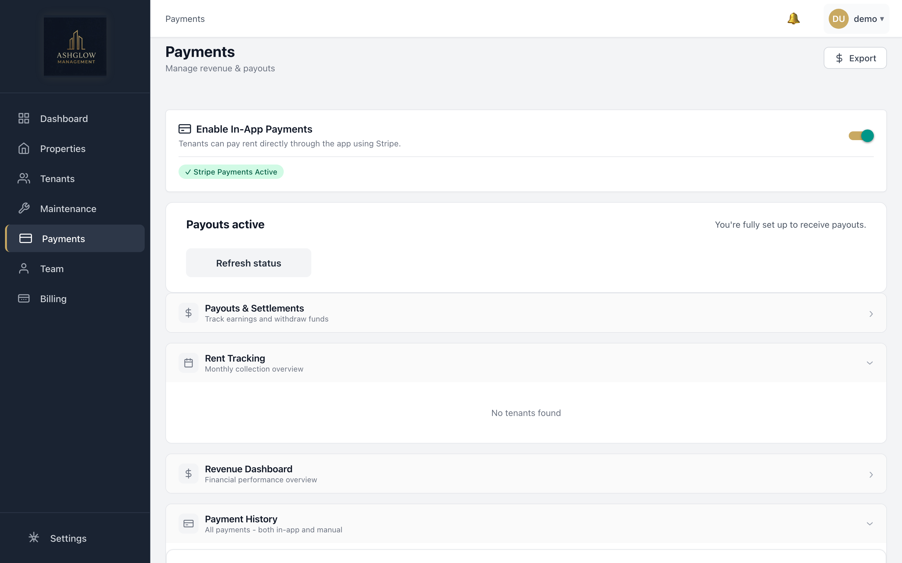 The AGM payments screen, showing Stripe payments active and payouts enabled